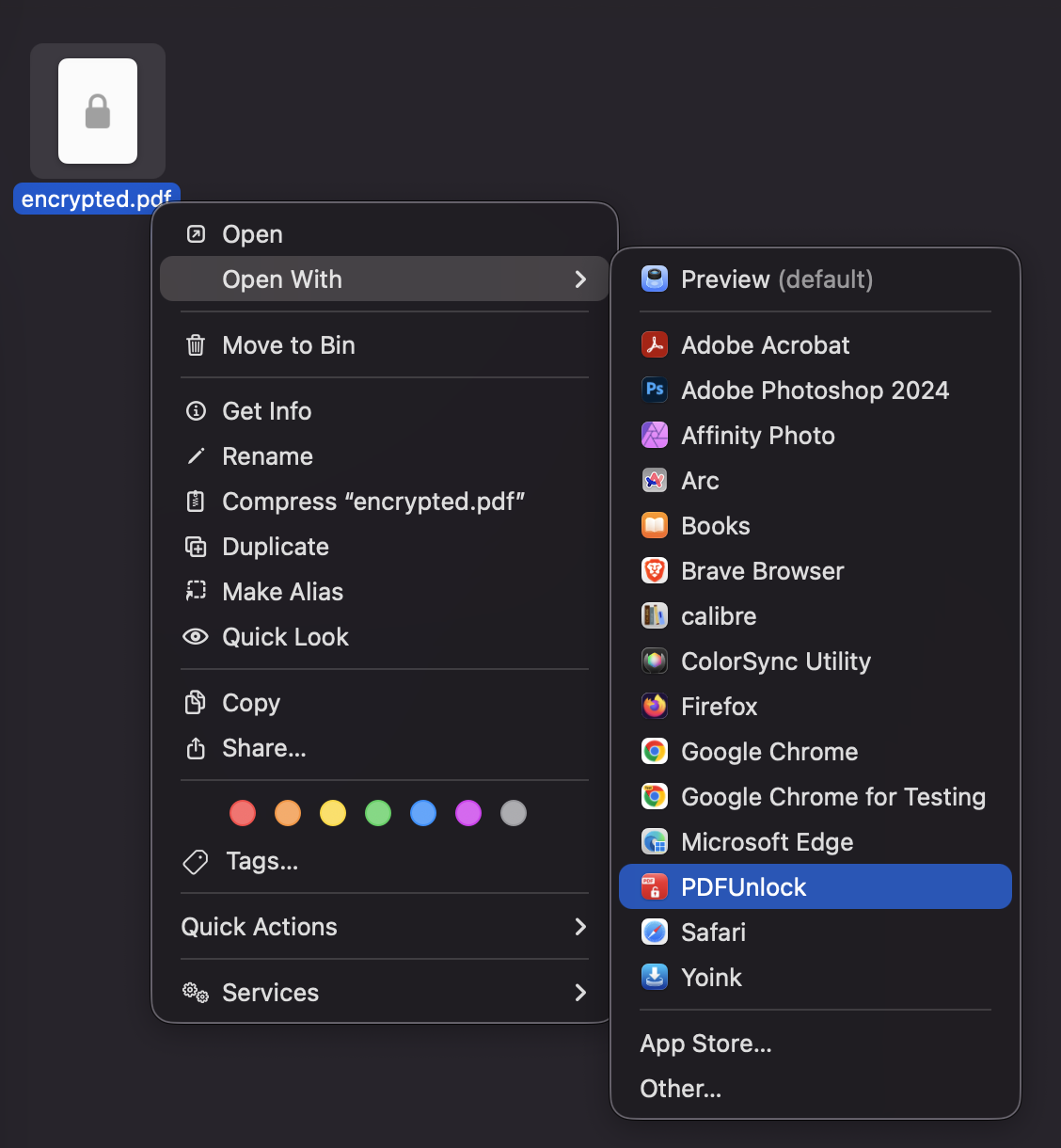 Right-clicking a PDF and choosing Open With → PDFUnlock